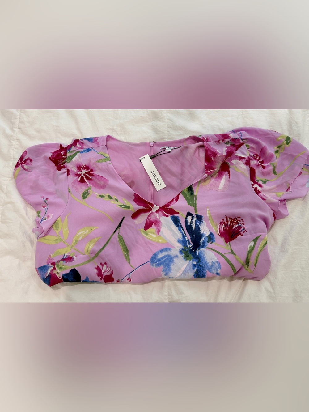 Chico's Lavender Floral V-Neck Short-Sleeve Dress